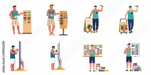 Flat vector illustration collection of a man selling stylish sunglasses at a summer beach market stall, featuring various poses and displays.