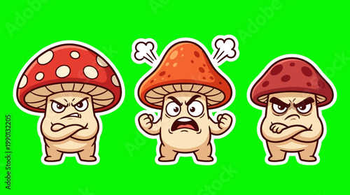 Three Angry Cartoon Mushrooms with Red Caps and Furious Expressions.