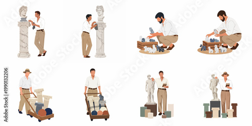 Set of Illustrations Featuring an Archaeologist Working with Ancient Greek Statues, Columns, and Historical Artifacts in a Flat Vector Style