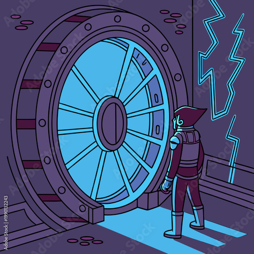 Futuristic person inspecting heavy vault door