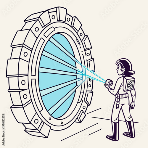 Futuristic person activating portal with laser