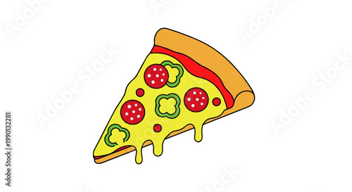 A delicious slice of dripping cheese pizza with green peppers and pepperoni