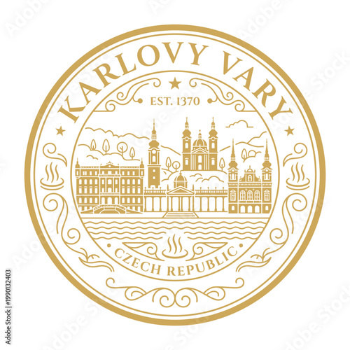 Karlovy Vary Czech Republic travel emblem with city skyline and thermal springs gold vector illustration