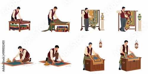 Flat vector illustrations of a traditional merchant or artisan handling, rolling, and displaying various ornamental oriental carpets, rugs, and textiles.