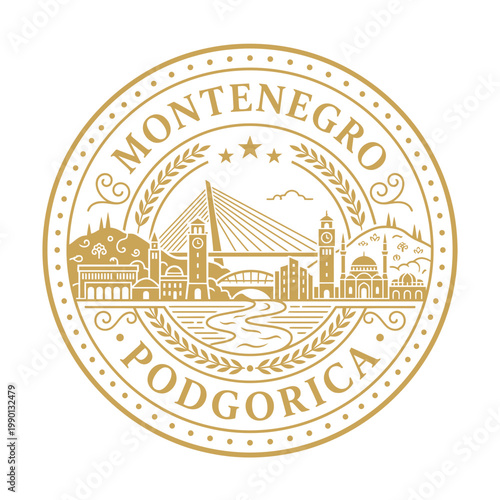 Podgorica Montenegro city skyline emblem featuring Millennium Bridge and clock tower vector illustration