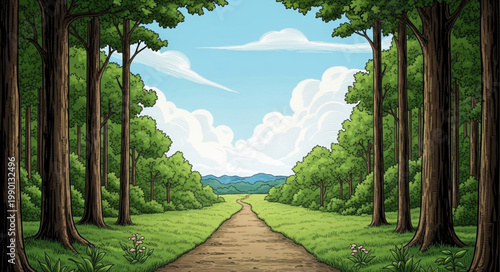 Path through a lush green forest with tall trees and blue sky.