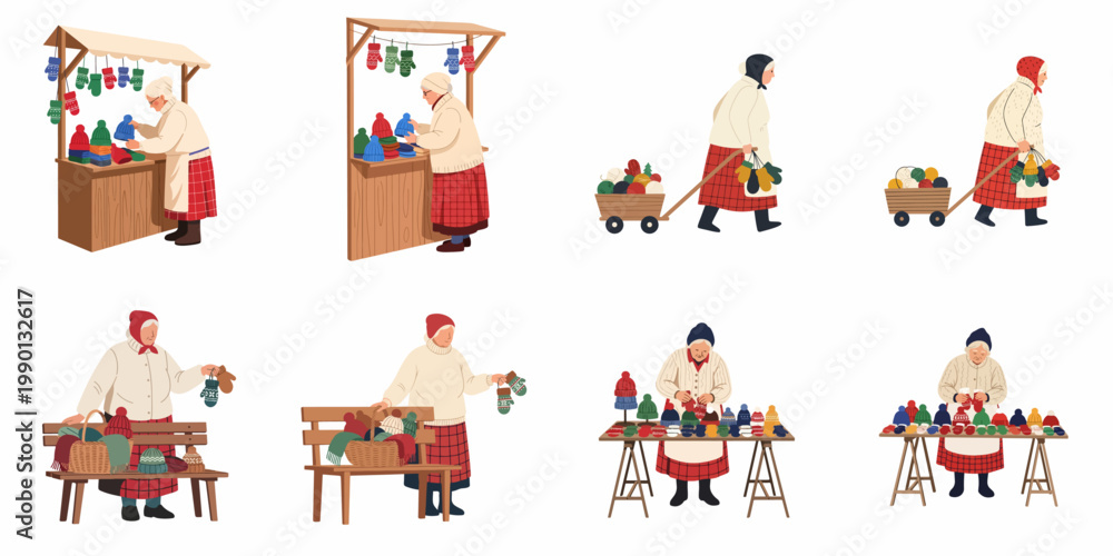 Fototapeta premium Collection of flat illustrations of an elderly woman selling handmade knitted winter wear like hats and mittens at various outdoor market stalls.