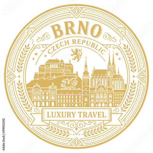 Brno Czech Republic city skyline seal emblem with luxury travel ribbon vector illustration