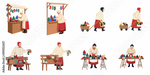 Collection of flat illustrations of an elderly woman selling handmade knitted winter wear like hats and mittens at various outdoor market stalls.