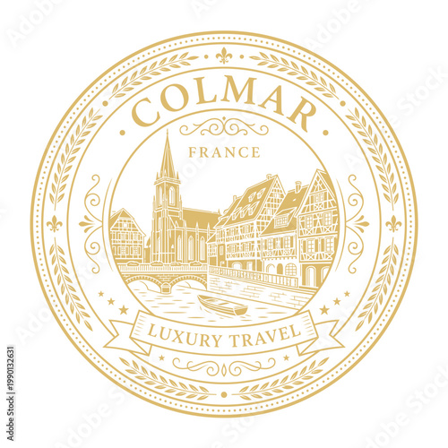 Vintage gold Colmar France travel emblem with landmark architecture isolated vector illustration