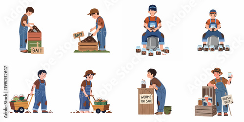 Set of illustrations depicting a muddy young boy digging, collecting, and selling earthworms as fishing bait, shown in various poses and actions.