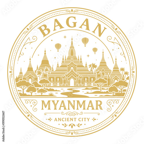 Elegant gold Bagan Myanmar ancient city travel emblem vector illustration