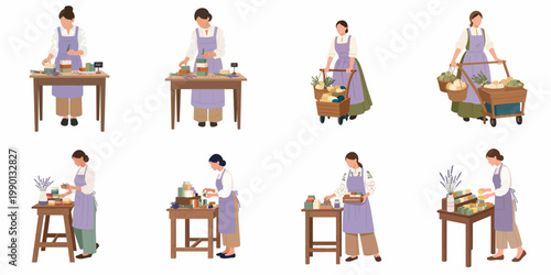 Vector illustration set of a woman making and selling artisanal soaps and lavender products in various settings like a workshop and market stall.