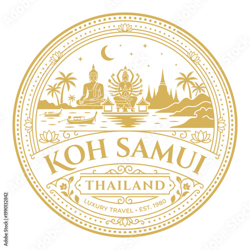 Gold Koh Samui Thailand luxury travel emblem with Buddha statues vector illustration