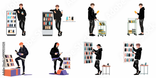Collection of young men in hoodies shopping for smartphone cases in a mobile accessory store, vector illustration set.