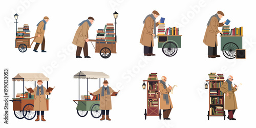 Flat illustration set of an elderly street book vendor pushing a cart, reading, and organizing stacks of vintage books on a white background.