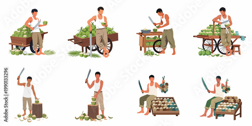 Flat vector illustration set featuring a street vendor selling fresh green coconuts from a traditional cart and stall using a machete.