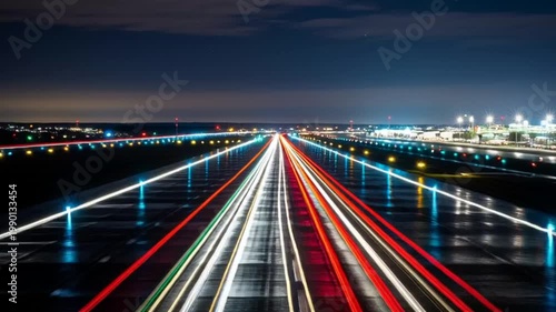 Airport runway light trails at night, time-lapse, long exposure, transportation, aviation