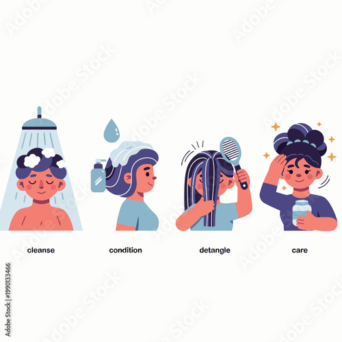Woman's hair cleanse, condition, detangle, and care routine