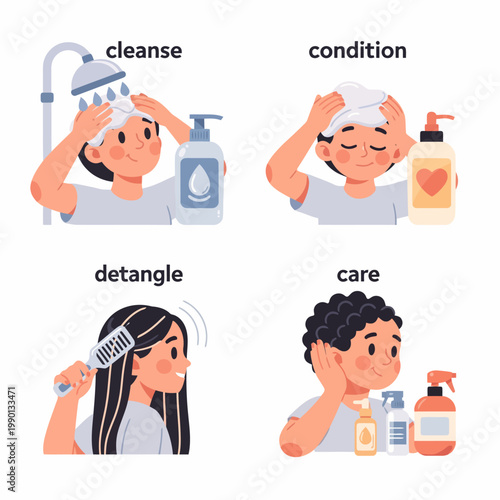 Woman and man hair care routine steps cleanse, condition, detangle, care