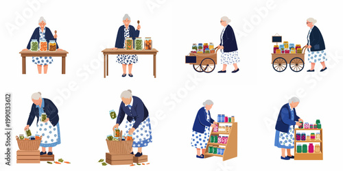 Vector illustration set of an elderly woman preparing, selling, and organizing homemade pickled vegetables in jars, including market stalls and carts.