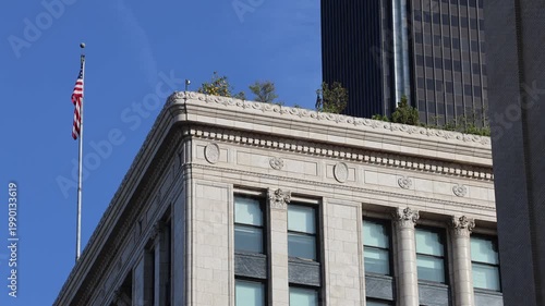 Classic Office Corner With American Flag And Modern Building
