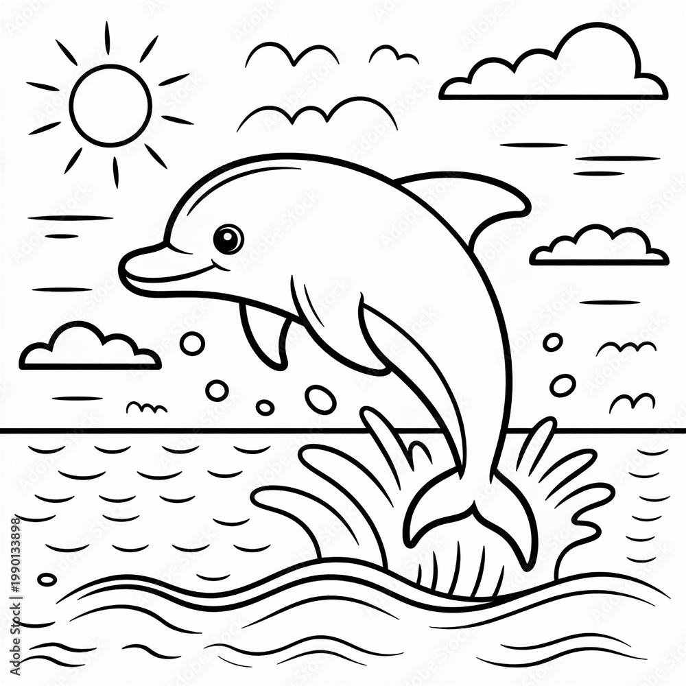 Obraz premium A playful dolphin leaping out of the cheerful ocean under a bright sky