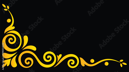 Floral ornamental corner vector design featuring elegant golden swirl leaves and decorative pattern on black background in vintage style