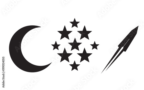 Celestial Space Silhouettes with Moon, Stars, and Rocket