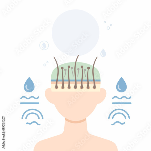 Woman's scalp with hydrated hair follicles, health care concept