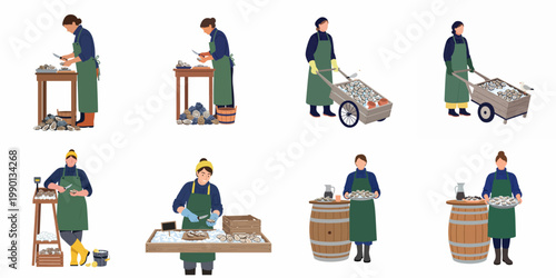 Illustrated Collection of People Harvesting, Shucking, and Selling Fresh Oysters in Various Professional Poses