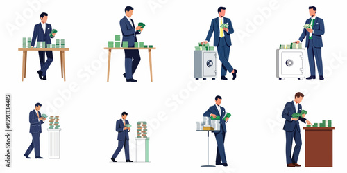 Set of illustrations featuring a successful businessman managing stacks of cash and safes, symbolizing wealth, financial growth, and corporate prosperity.