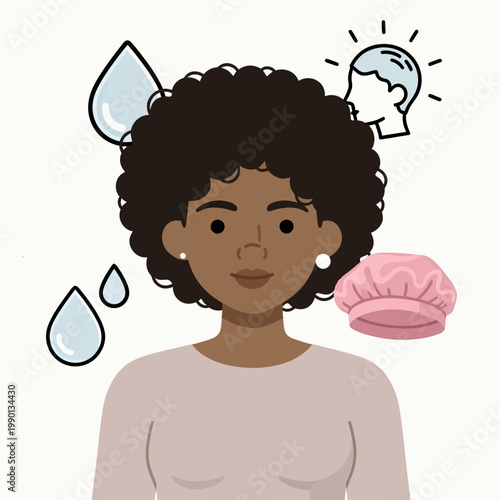 Woman with sweat drops and brain icon, representing menopause