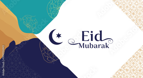 Elegant Eid Mubarak greeting card with Islamic crescent moon and star motif, featuring abstract geometric patterns and a desert landscape.