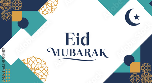 Elegant Eid Mubarak greeting card with Islamic geometric patterns and crescent moon symbol.