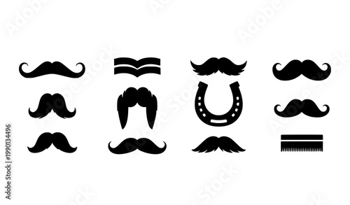 Eight mustache styles flat black icon set classic and modern men facial hair collection vector eps10