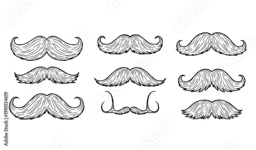 Fashionable mustache line art set detailed outline facial hair styles for men barber design vector eps10