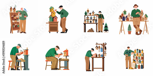 A set of flat vector illustrations featuring a senior carpenter craftsman building, painting, and displaying colorful handmade wooden birdhouses in his workshop.
