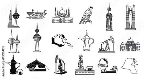 Kuwait Landmarks and Culture Icons: Skyline, Dhow, Mosque, Falcon, Oil Pump, Dallah, Tent