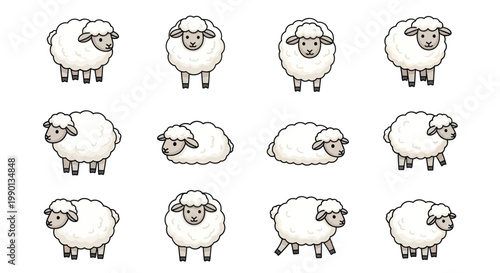 Collection of Cute Cartoon Sheep Icons, Different Poses, White Fluffy Animals