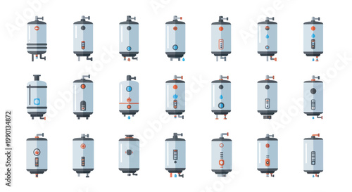 Collection of modern water heaters, different models and designs, isolated on white background