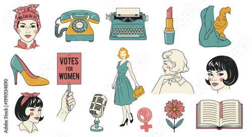 Vintage Women's Retro Icons: Suffragette, Typewriter, Lipstick, Phone, Fashion