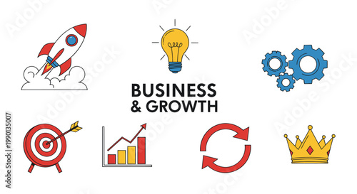 Business Growth Icons: Rocket, Lightbulb, Gears, Target, Chart, Arrows, Crown
