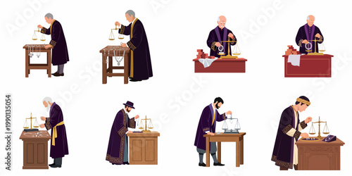 Set of historical jewelers or merchants in traditional robes weighing jewelry and precious items with manual balance scales on a white background.
