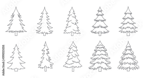 Collection of Hand-Drawn Fir Trees - Simple Outline Vector Graphics for Winter Holidays