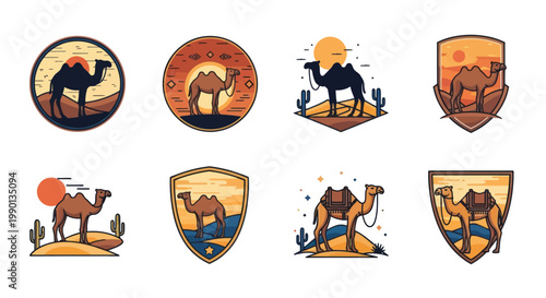 Camel Desert Emblem Collection: Silhouette, Sunset, Cactus, Oasis, Wildlife