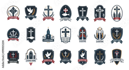 Christian Emblems Collection: Crosses, Doves, Fish, Churches, Bible - Vintage Design