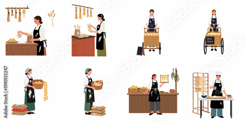 Set of flat illustrations showing female pasta makers and vendors preparing, drying, packaging, and selling fresh artisanal pasta in various settings.