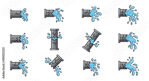Leaking Pipes Collection: Water Splashing from Cracked Industrial Plumbing Sections