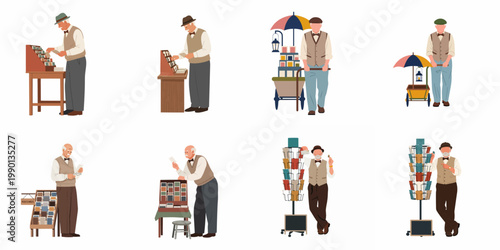 Set of elderly male street vendors and collectors displaying vintage postcards and books in various market stalls and mobile carts on a white background.